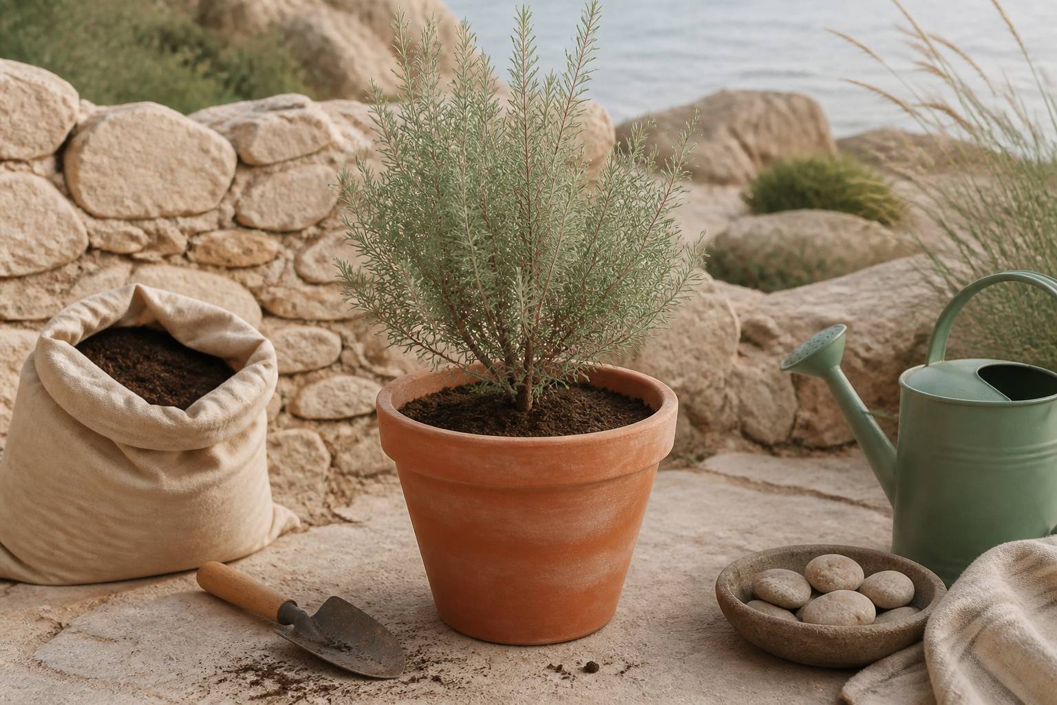 Jeune tamaris en pot avec pelle et galets dans un jardin sec
