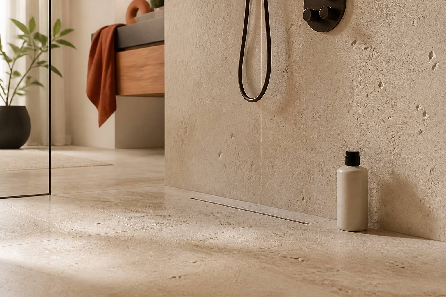 Texture du travertin beige dans une douche à l'italienne