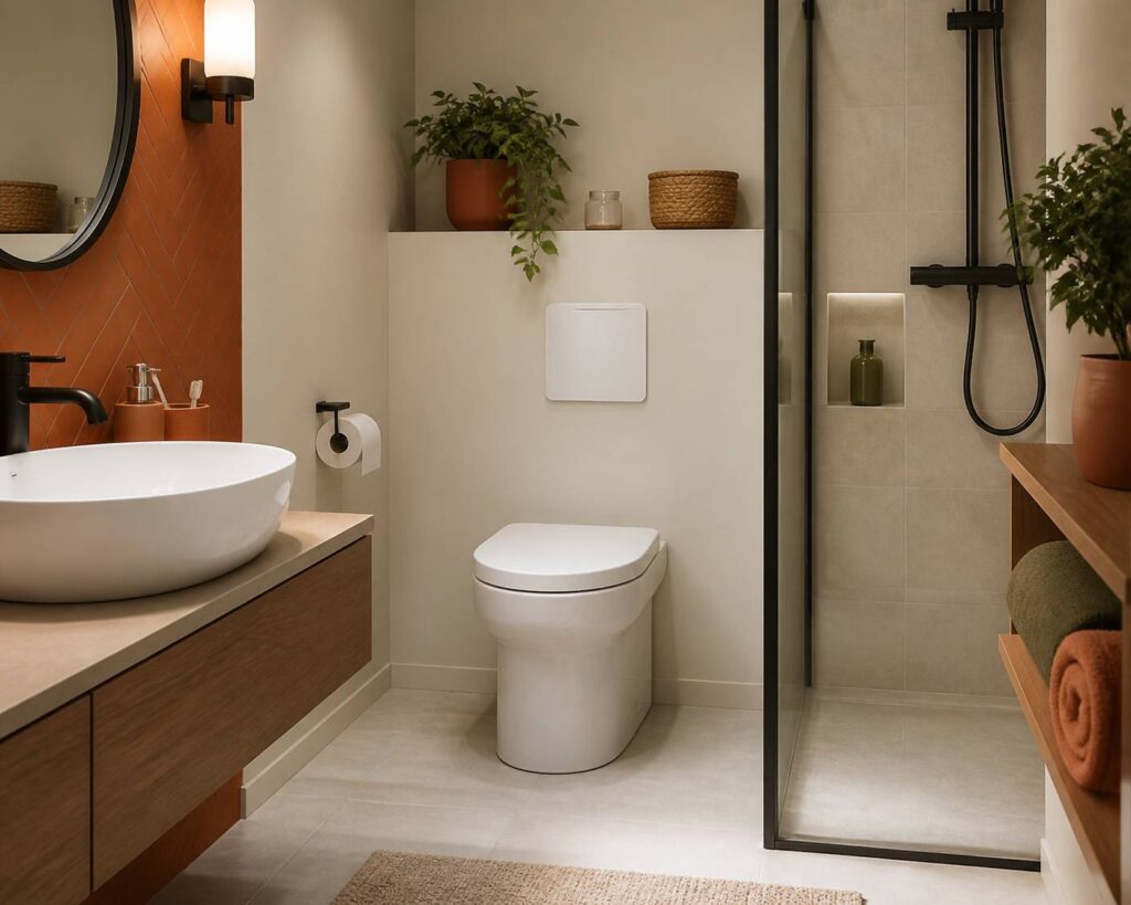 WC broyeur blanc générique avec coffret mural dans une salle de bain claire