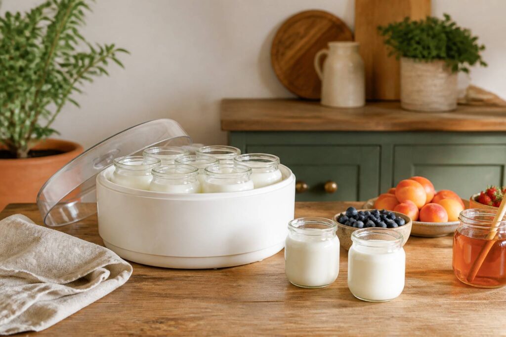 Yaourtière avec pots en verre remplis de yaourt sur un plan de travail en bois avec fruits et miel