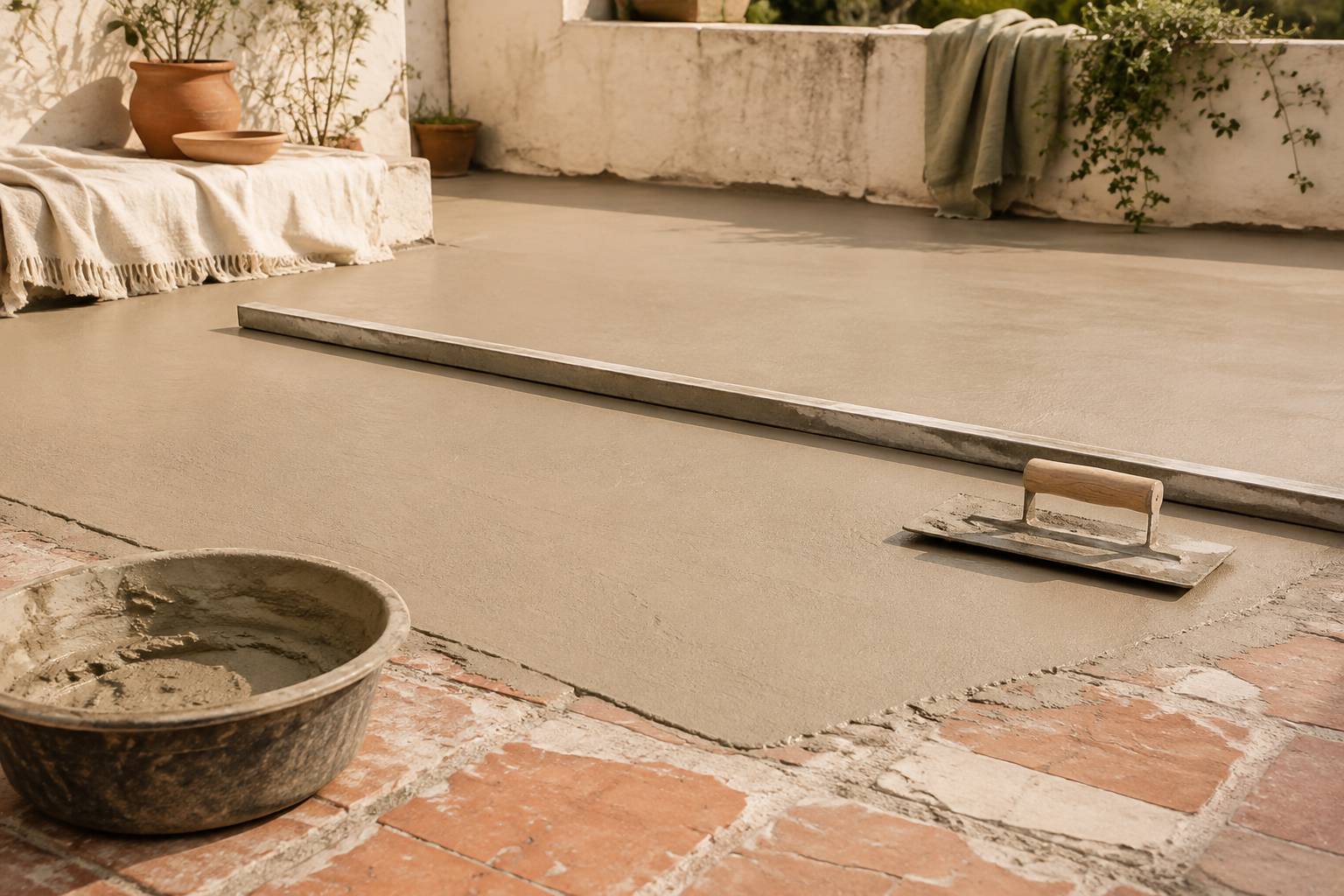Mortier de ragréage appliqué à la taloche sur une terrasse