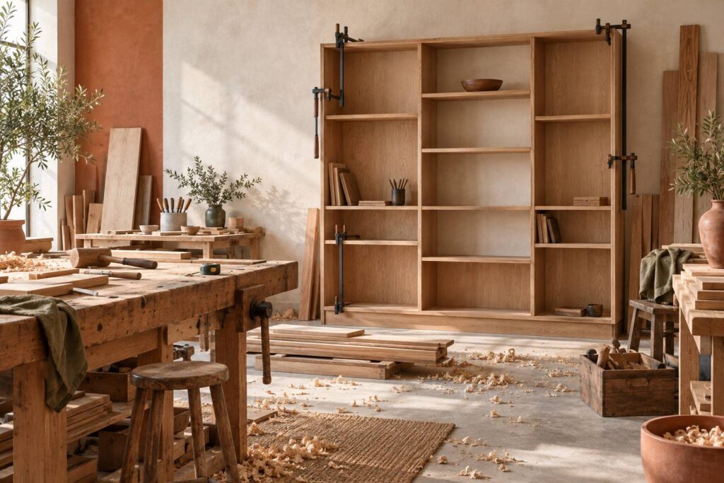 Bibliotheque sur mesure en cours d'assemblage dans un atelier de menuiserie