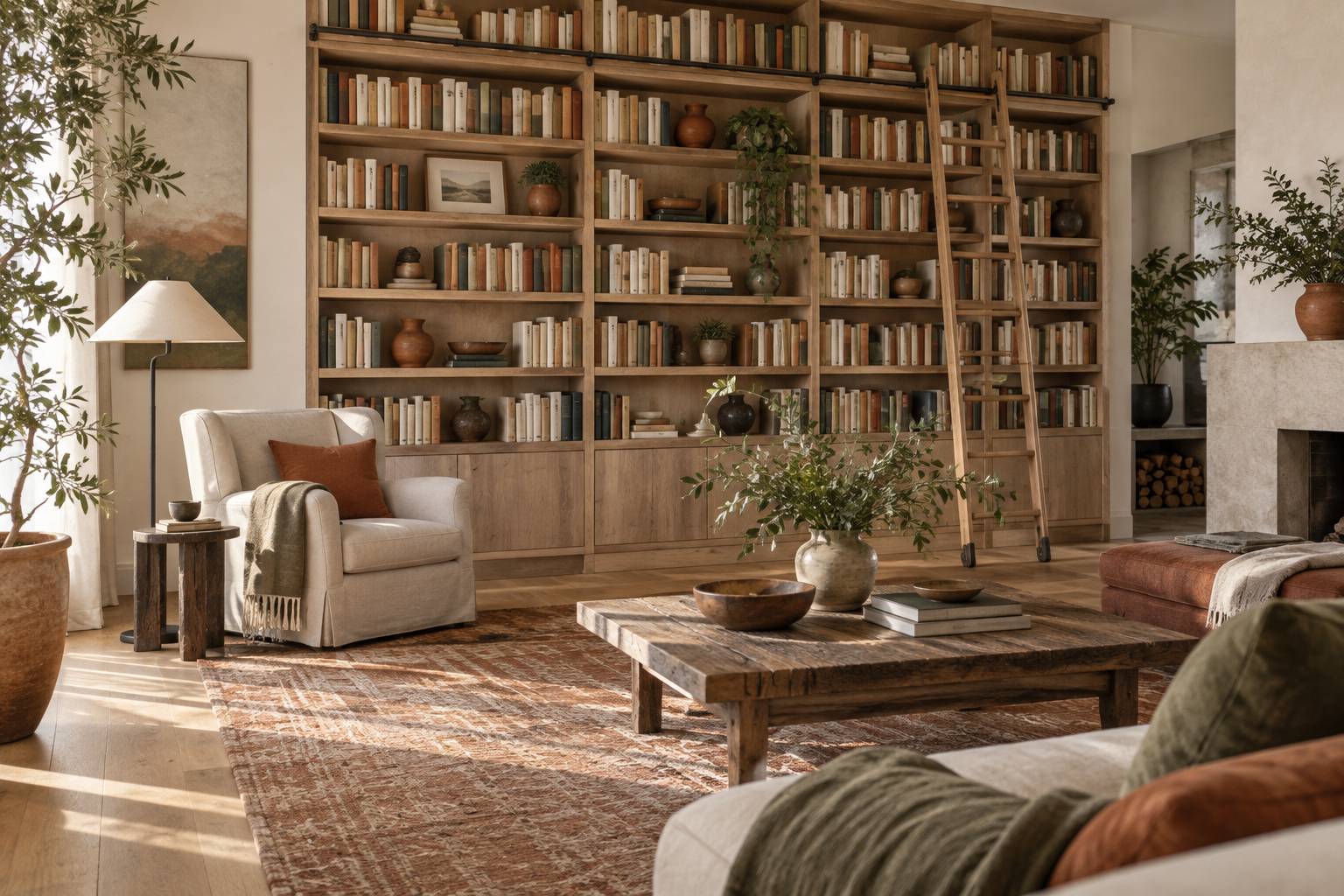 Bibliotheque en bois clair remplie de livres dans un salon lumineux