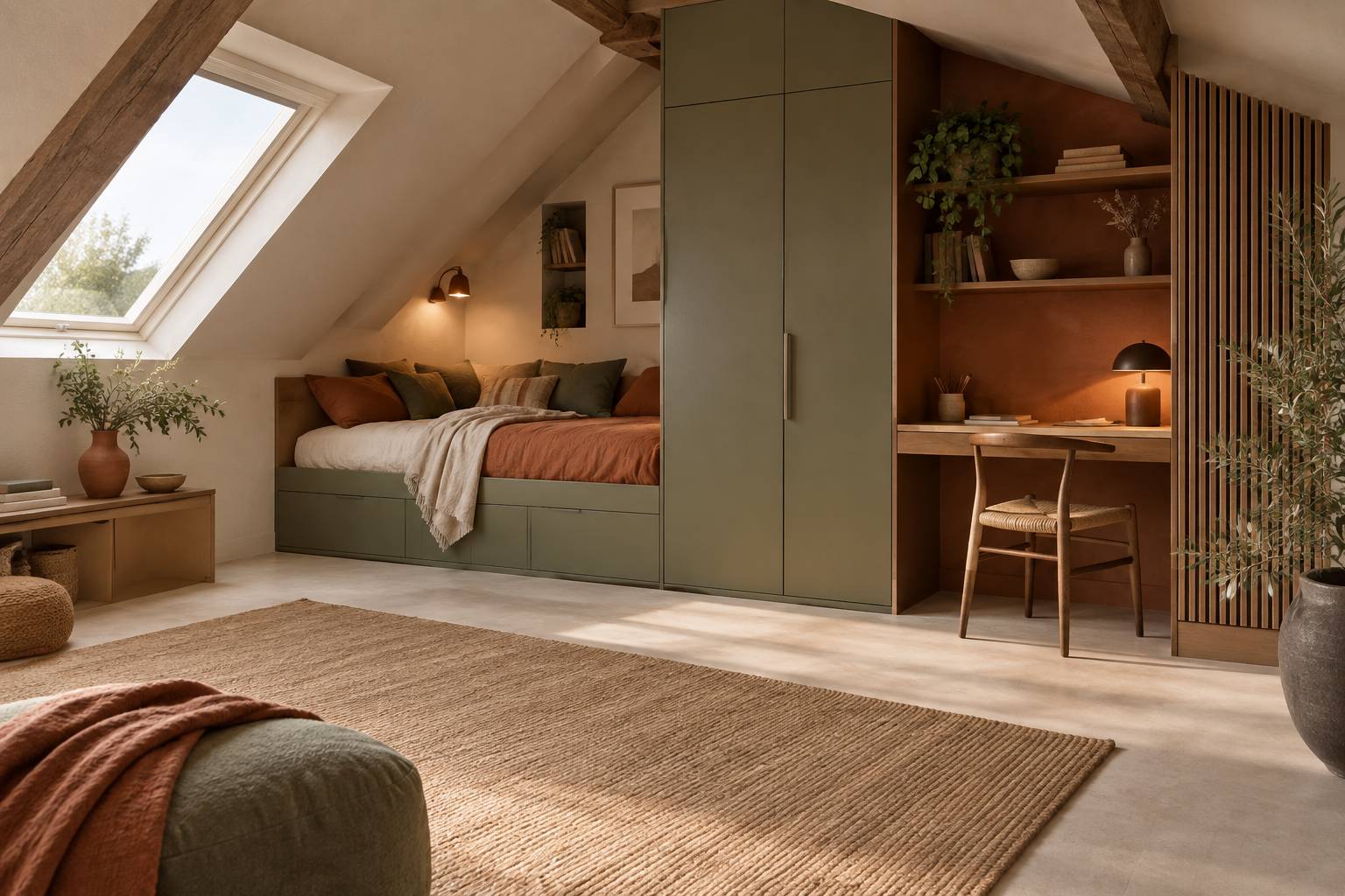 Petite chambre avec meuble sur mesure sous comble