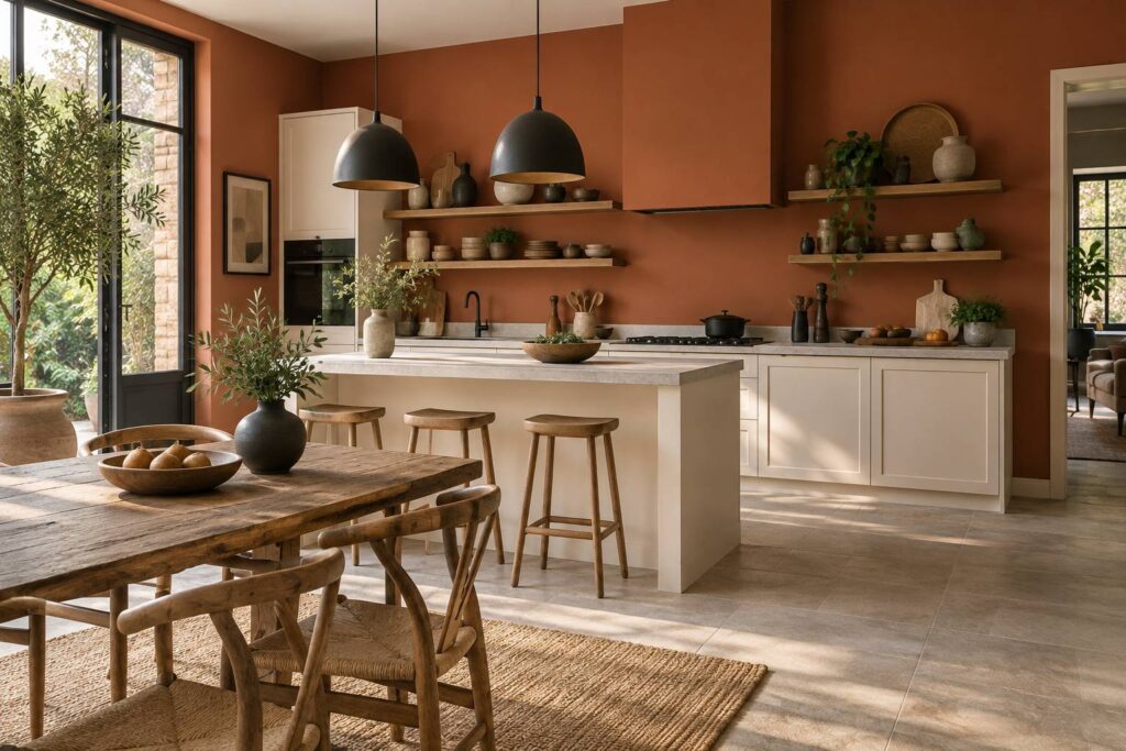 Cuisine contemporaine avec un mur terracotta et des façades de meubles blanc cassé