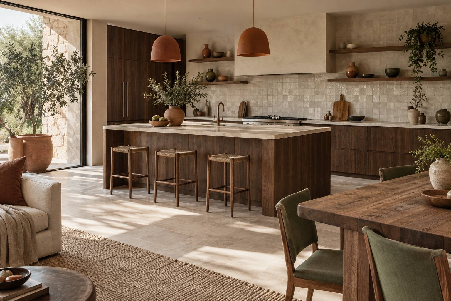 Cuisine moderne aux façades en bois clair avec îlot central et suspensions