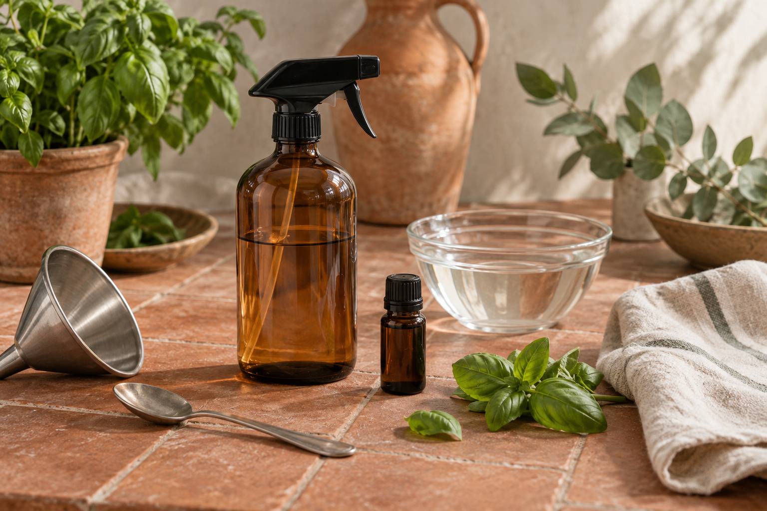 Préparation d'un spray répulsif avec vinaigre et huile essentielle d'eucalyptus