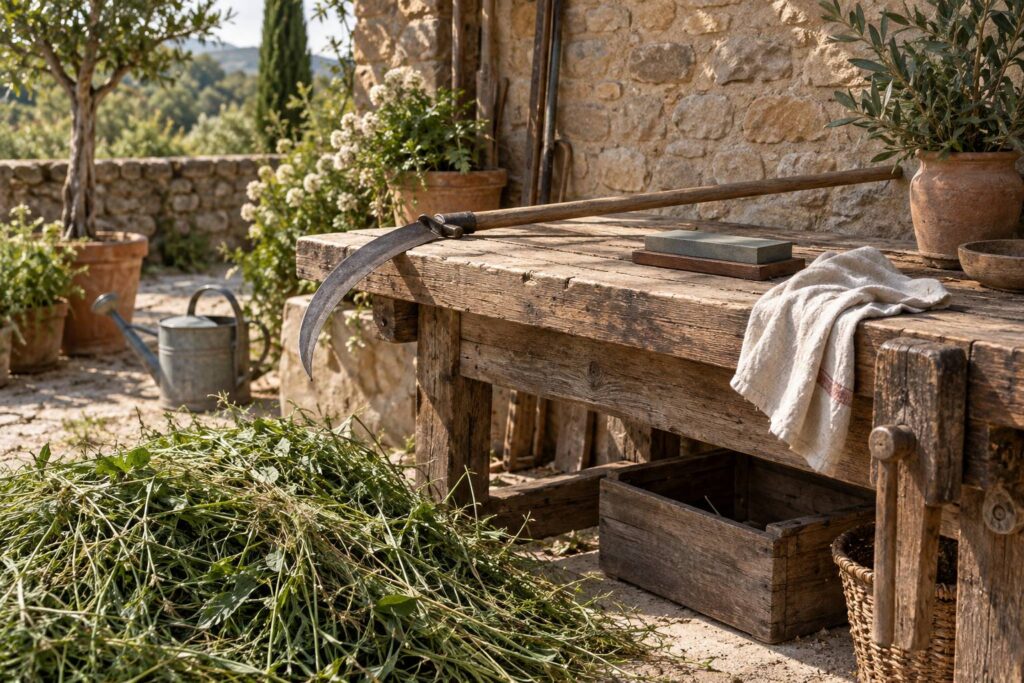 Faux de jardin a lame fine posee sur un etabli avec pierre a aiguiser