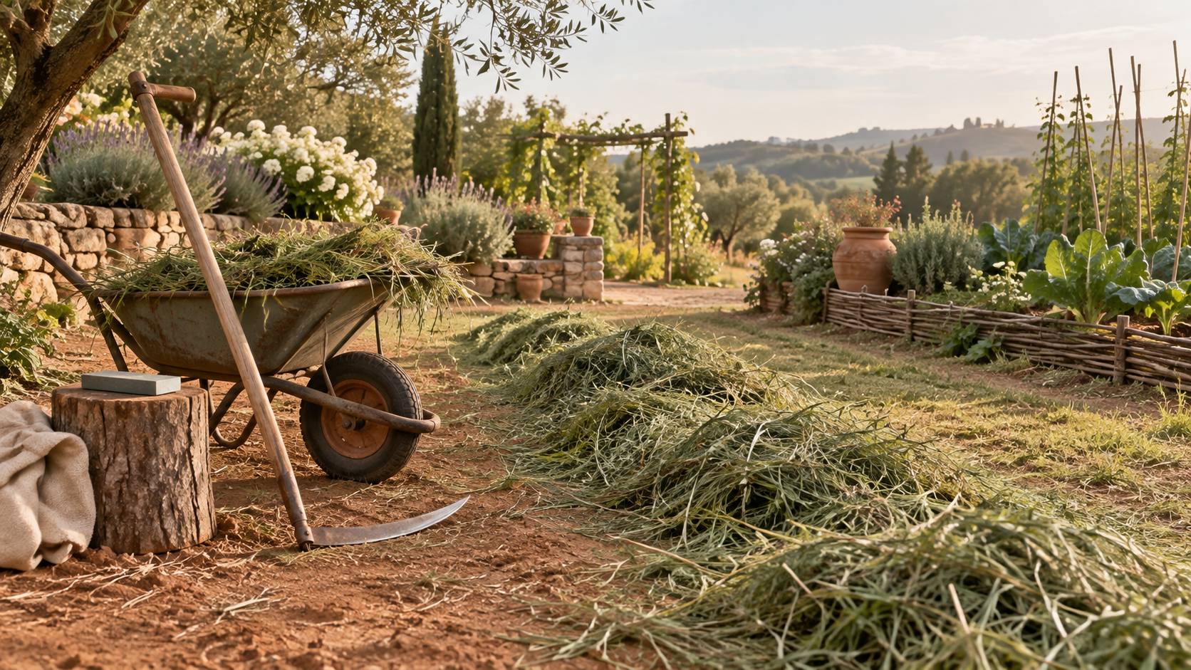 Andain d'herbe fauchee et faux appuyee contre une brouette au jardin