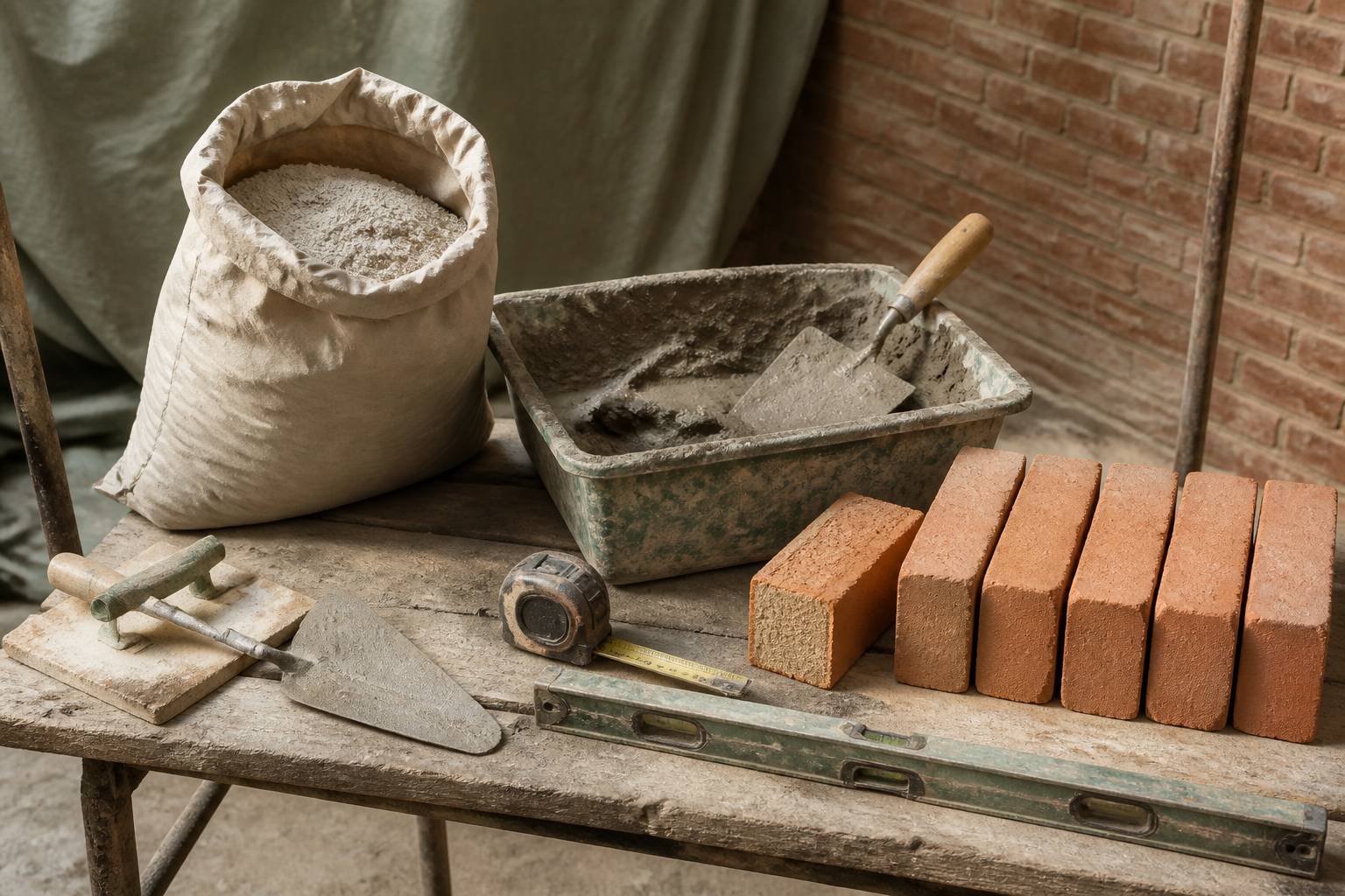 Fournitures de maçonnerie pour mur en brique avec mortier, truelle et niveau