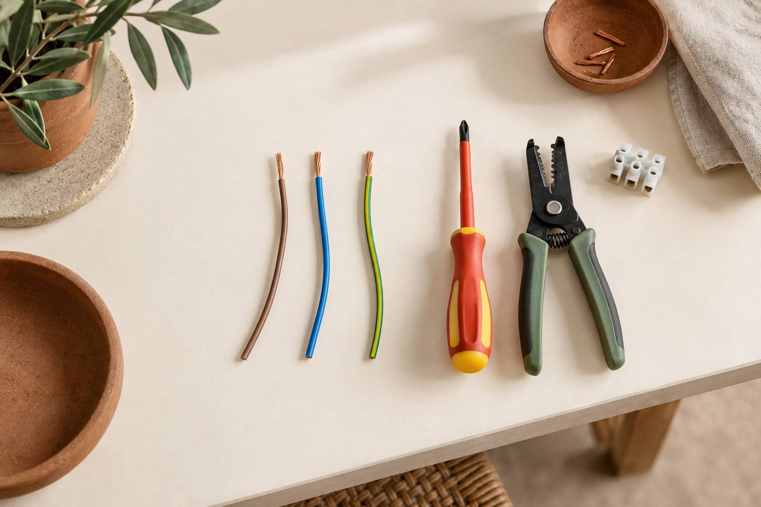 Conducteurs denudes de couleurs distinctes et outils isoles sur une table d'atelier