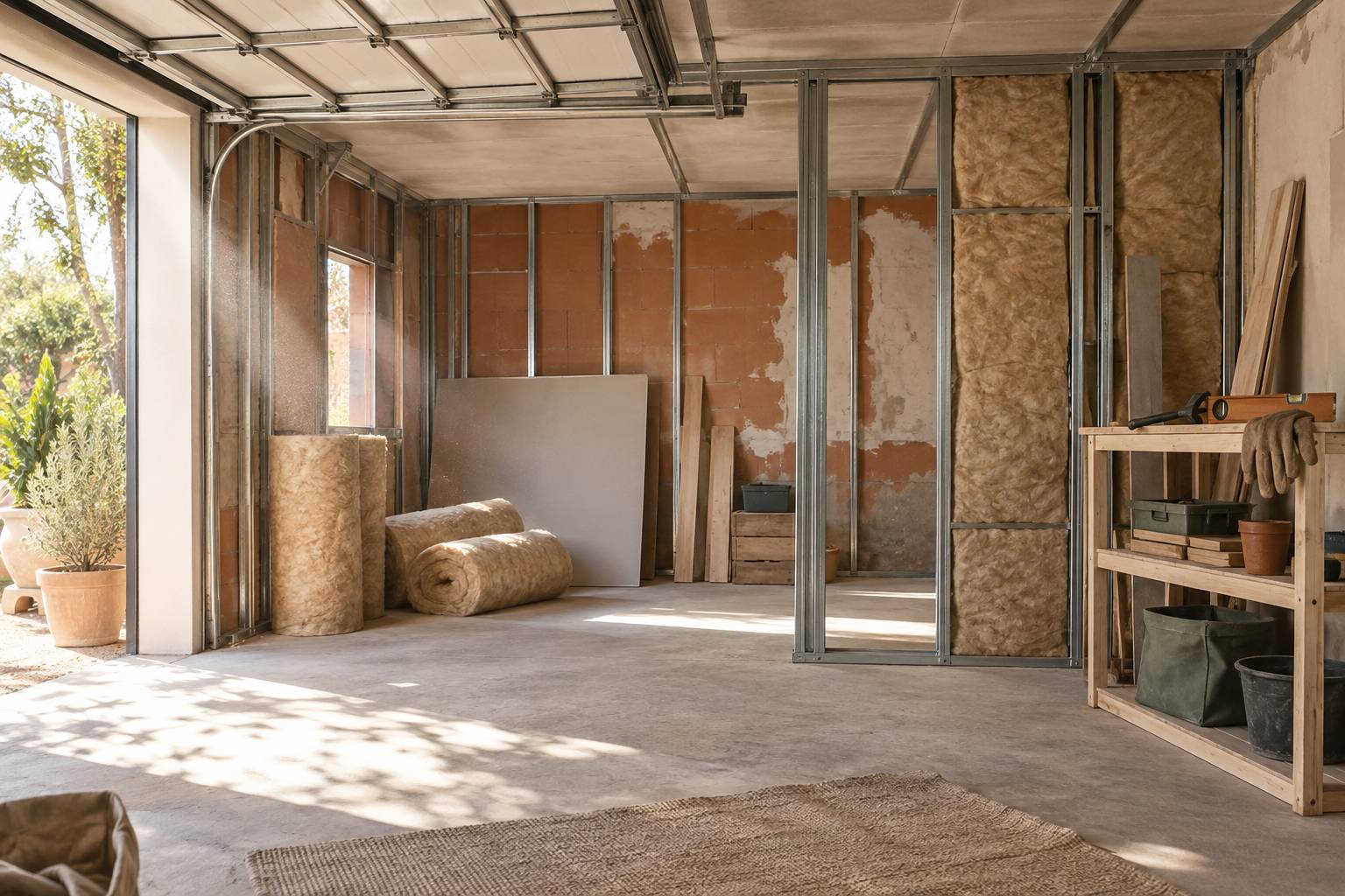 Ossature metallique mise a nu dans un garage en cours de renovation