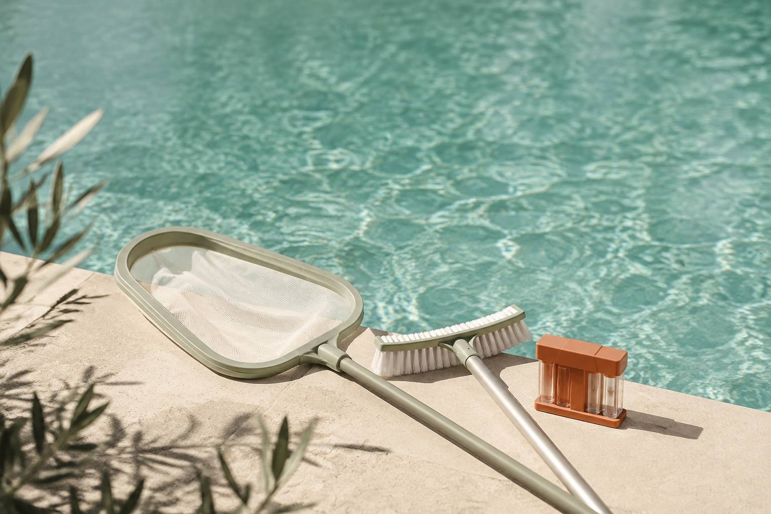 Épuisette, brosse et testeur d'eau au bord d'une piscine à l'eau turquoise