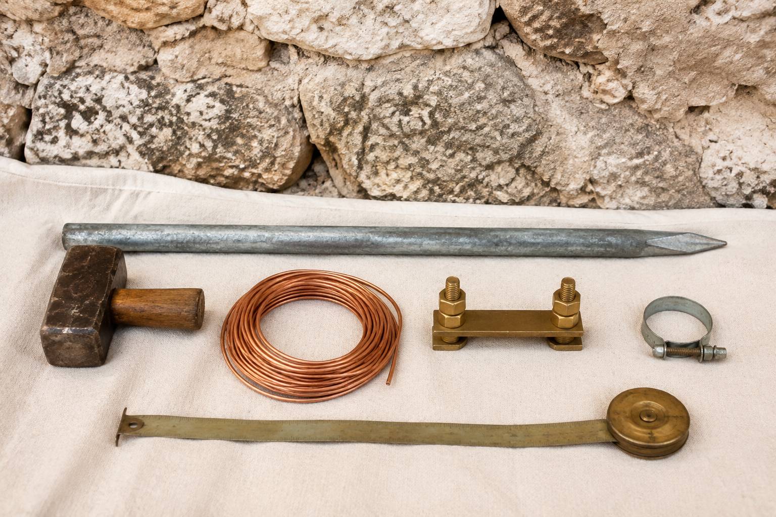 Matériel de pose d'une prise de terre : piquet galvanisé, masse, câble de cuivre et barrette de coupure