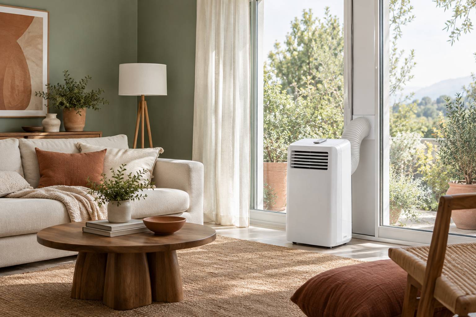 Climatiseur monobloc installé près d'une baie avec télécommande