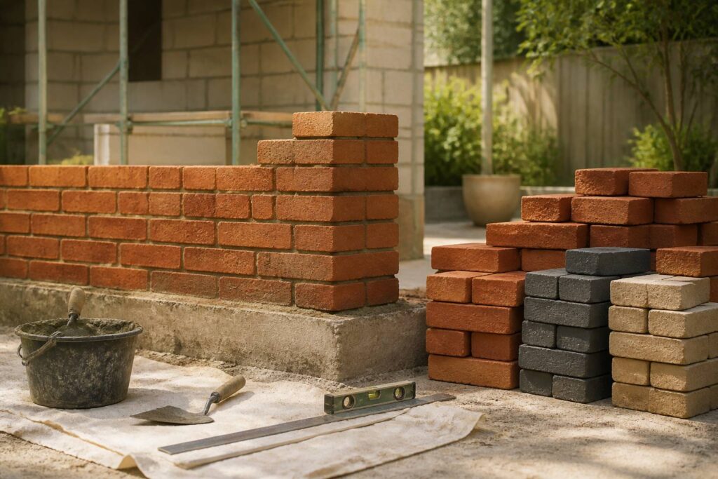 Mur neuf en briques pleines terracotta sur un chantier de maçonnerie ordonné