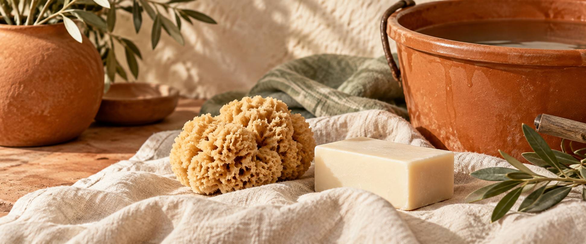 Éponge naturelle et pain de savon neutre sur une bâche claire