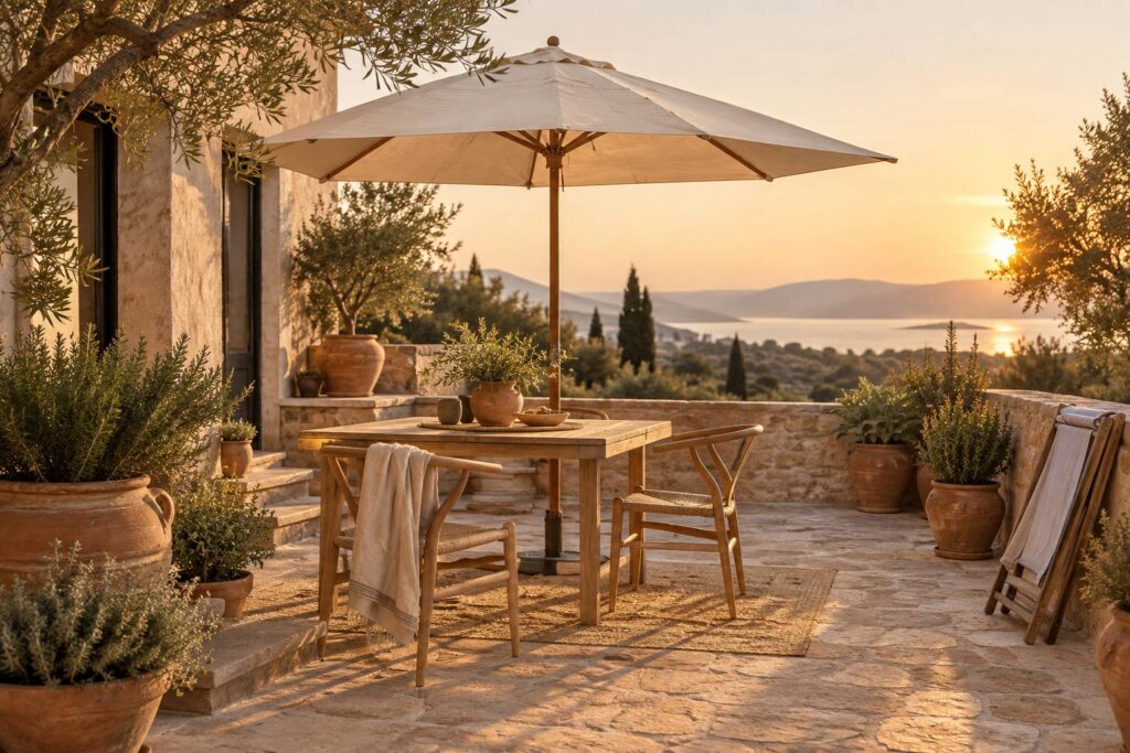 Parasol de jardin au-dessus d'une table en bois sur une terrasse