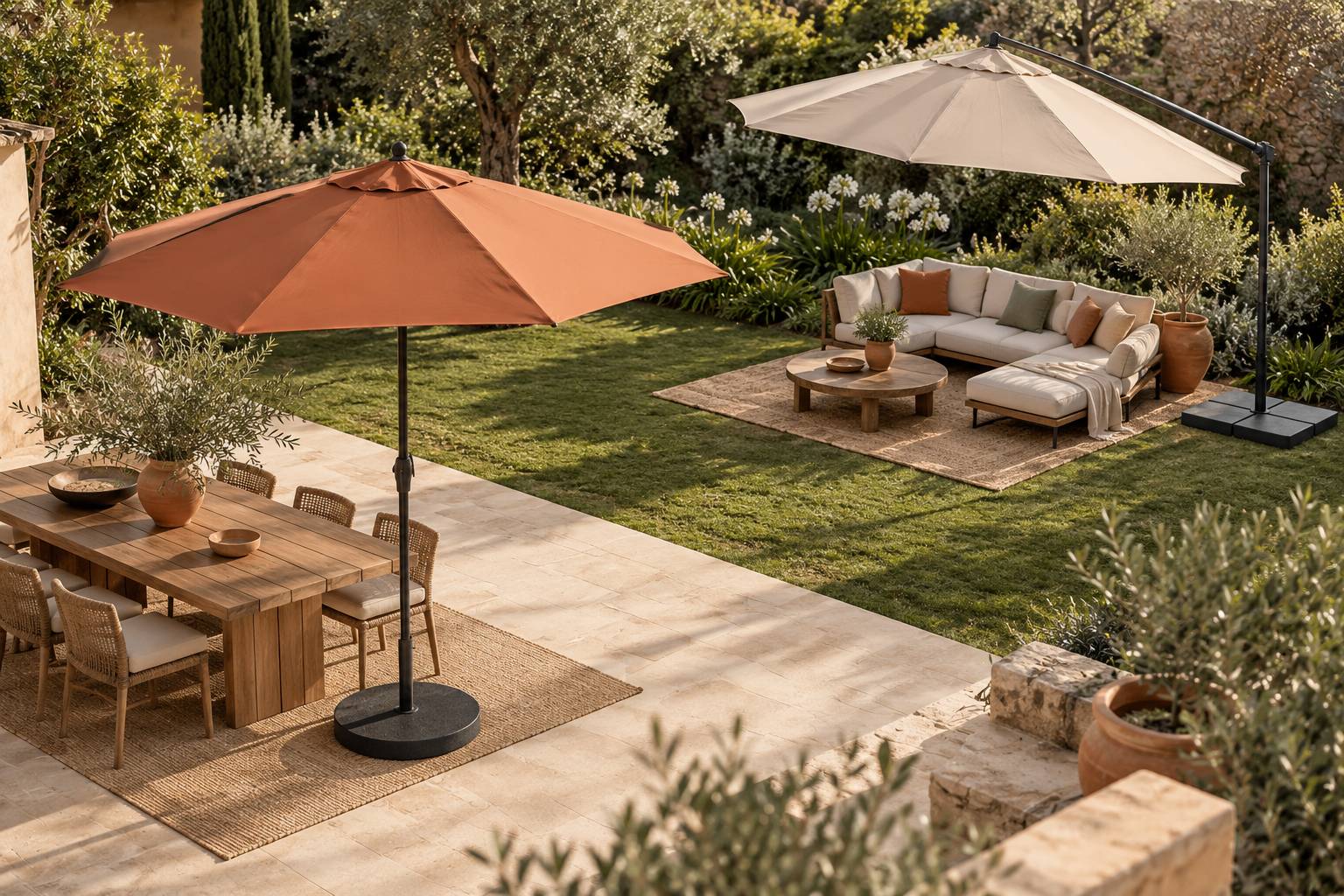 Deux parasols de formats differents avec leurs bases dans un jardin