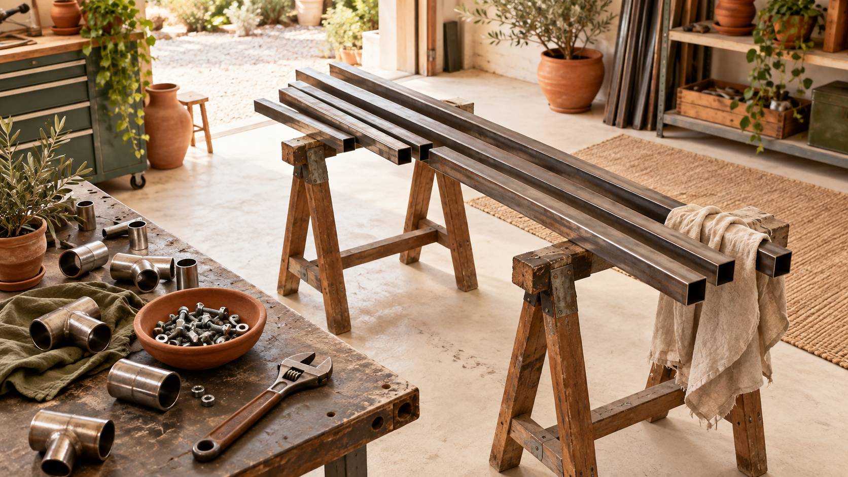 Tubes d'acier et raccords pour l'assemblage d'une pergola