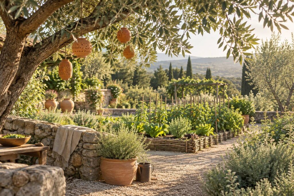Branche chargée de lanternes orangées dans un potager ensoleillé