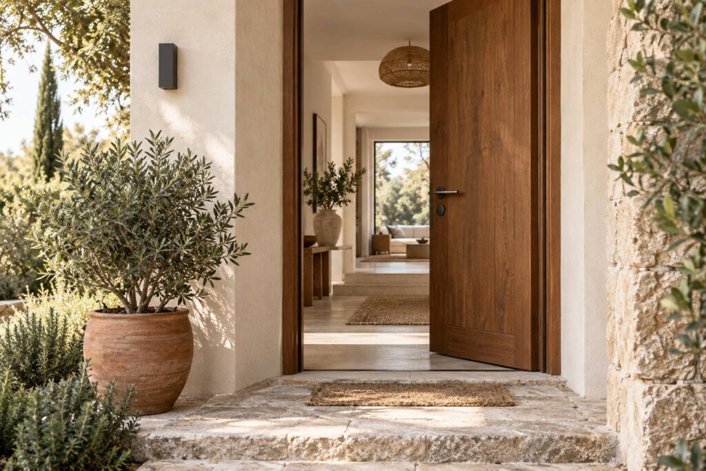 Porte d'entrée en bois massif chaleureuse sur une maison individuelle