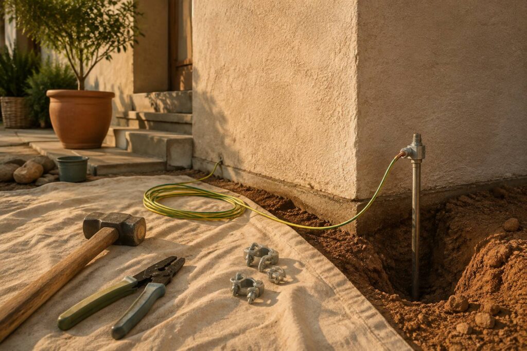 Piquet de terre galvanisé enfoncé près du mur d'une maison avec câble de liaison jaune et vert