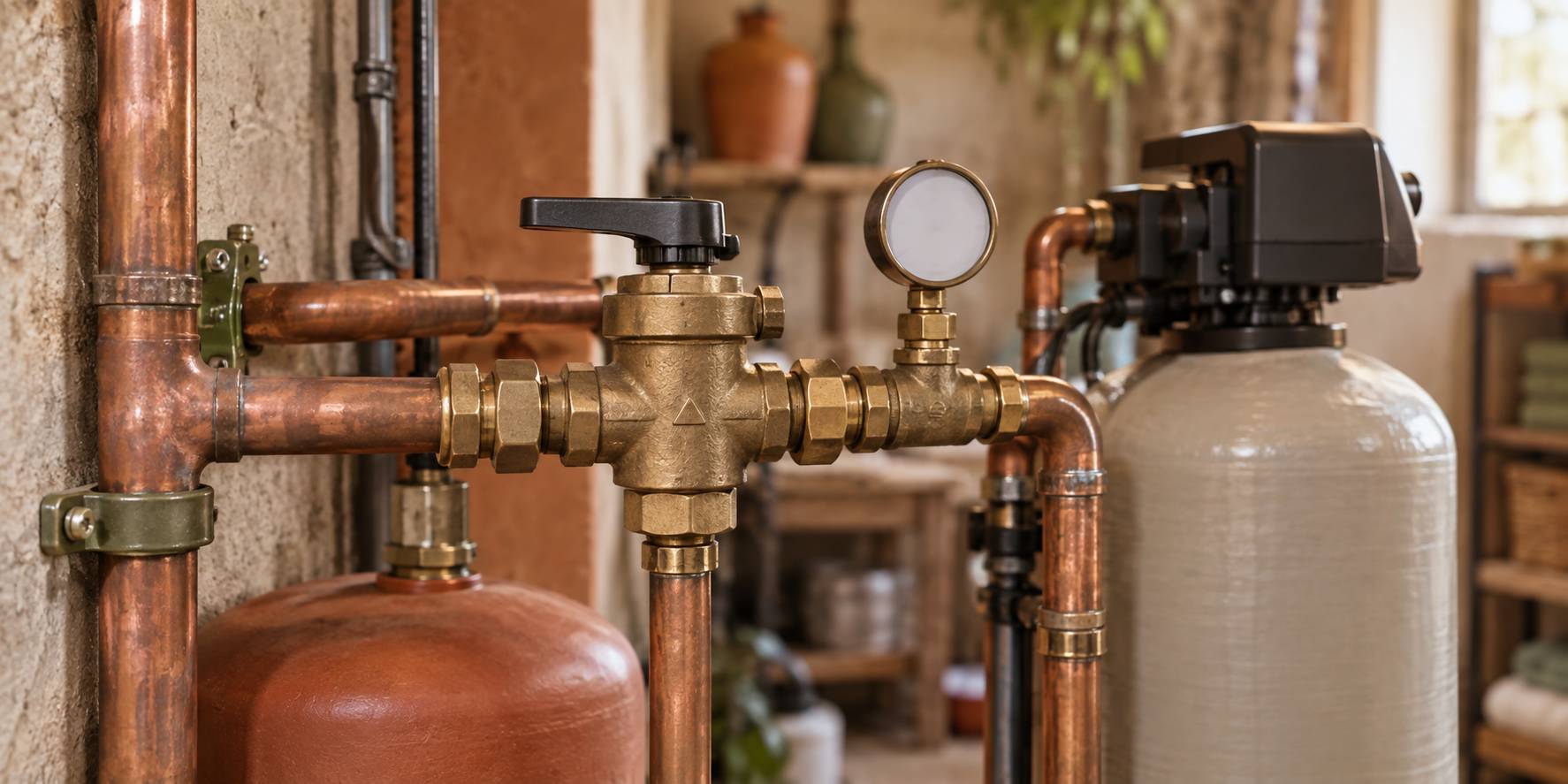 Raccordements cuivre d'un adoucisseur d'eau dans un local technique