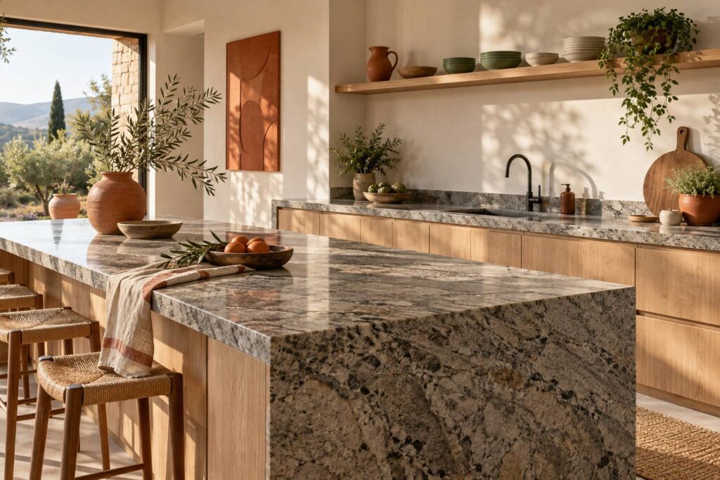 Plan de travail de cuisine en granit gris mouchete dans une cuisine claire