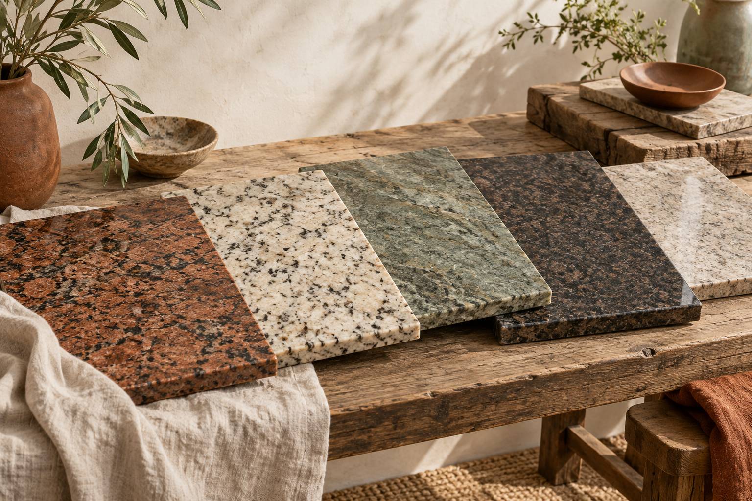 Echantillons de dalles de granit de teintes minerales variees