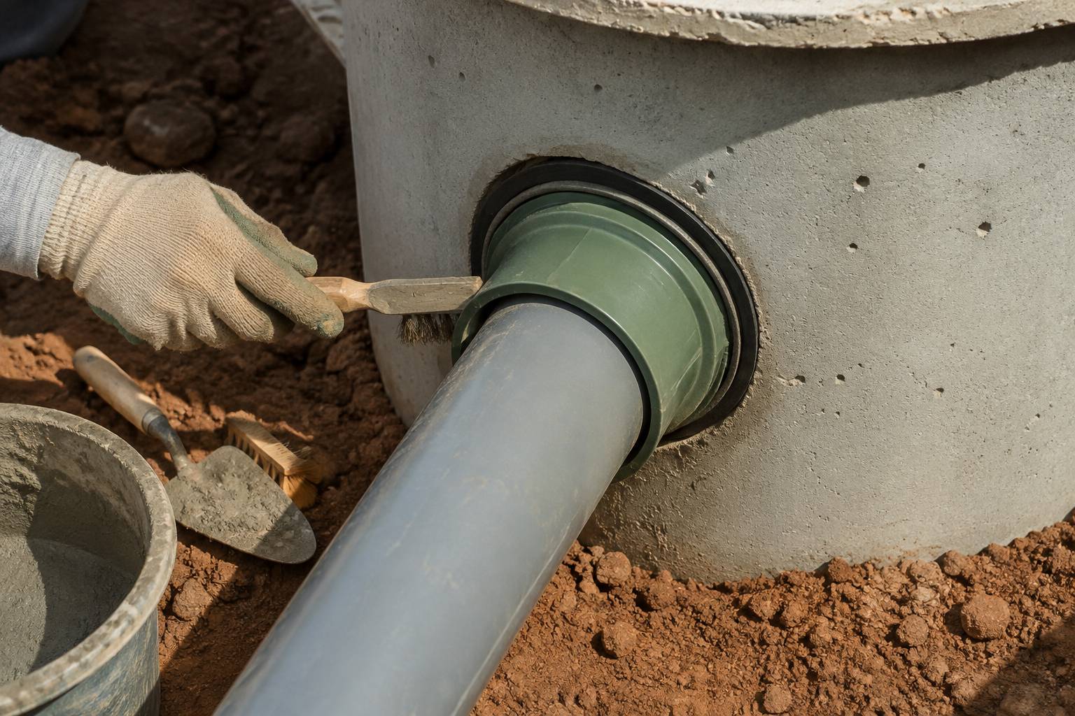 Main gantée raccordant un manchon étanche sur un regard béton, gros plan chantier