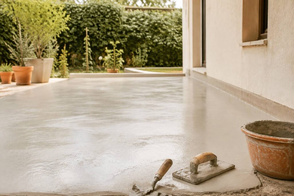 Terrasse extérieure rénovée au mortier de ragréage lissé