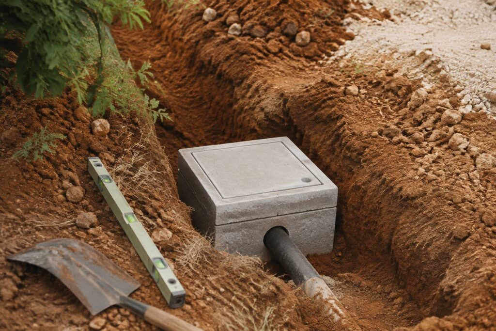 Regard béton installé dans une tranchée de canalisation avec niveau à bulle et pelle