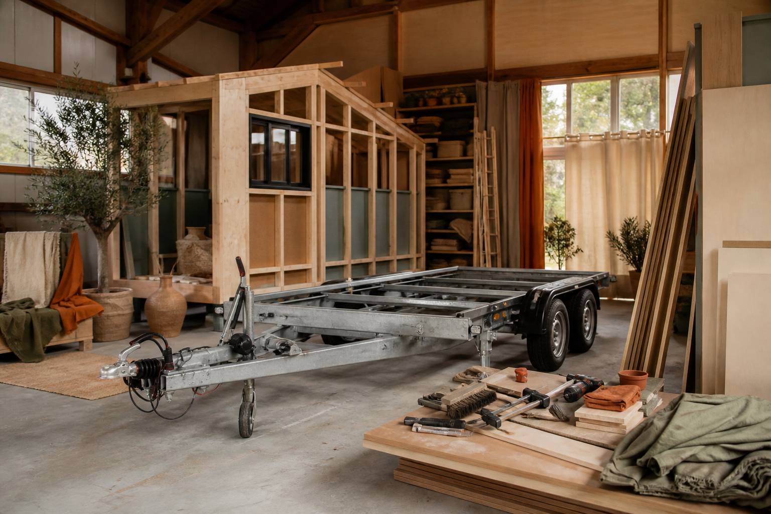 Remorque de tiny house avec châssis et raccordements visibles et outils de finition