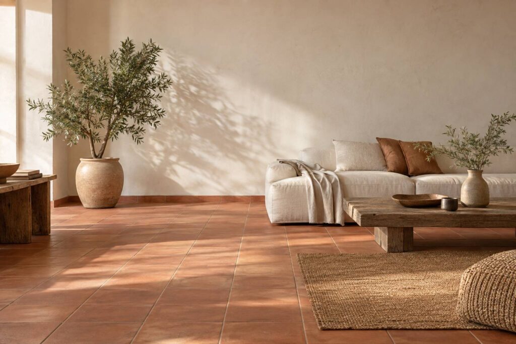 Sol en terre cuite aux nuances orangees dans un interieur clair