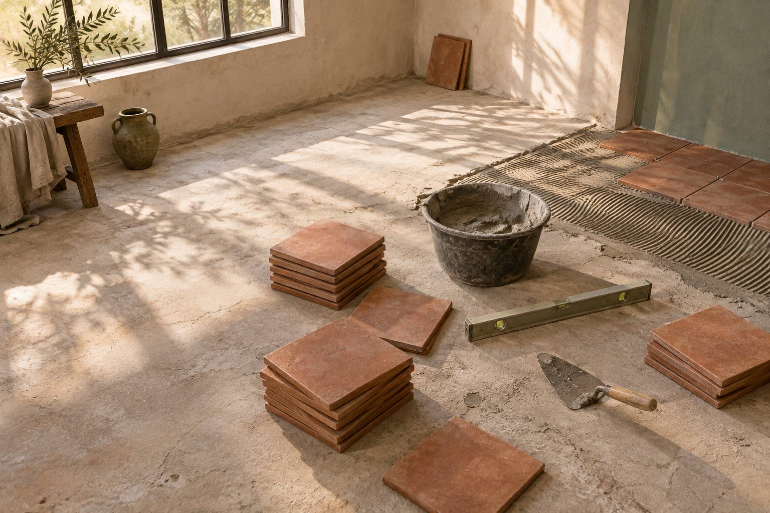 Carreaux de terre cuite empiles avec truelle dans un atelier de pose