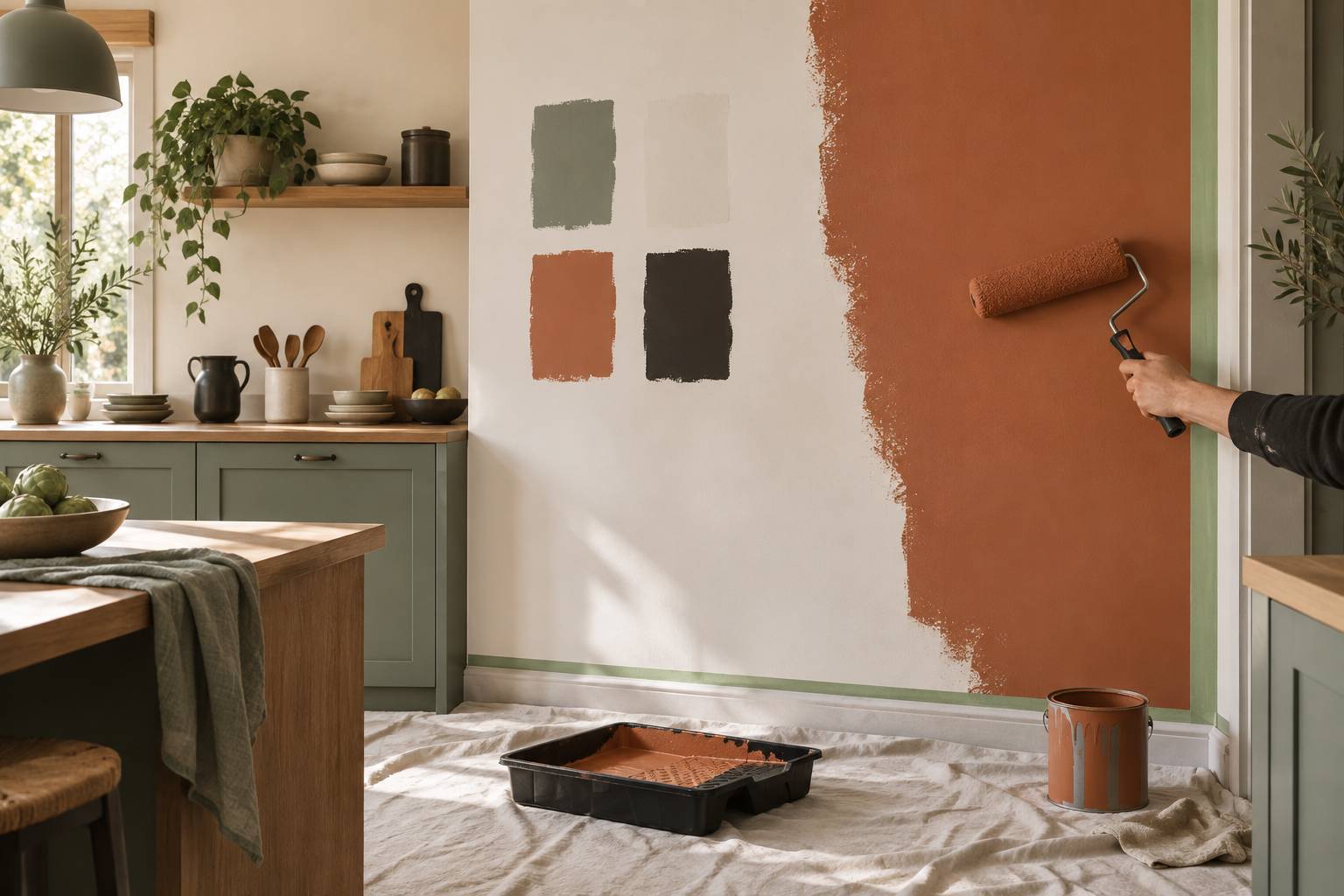 Rouleau de peinture terracotta appliqué sur un mur de cuisine avec échantillons