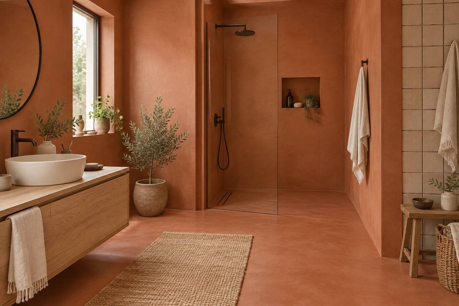 Illustration éditoriale du sujet : Salle de bains en béton ciré : est-ce vraiment pratique ?