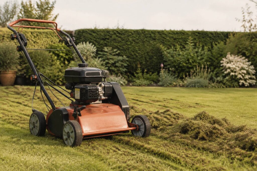 Scarificateur thermique sur une pelouse verte fraîchement scarifiée avec bandes de mousse retirées