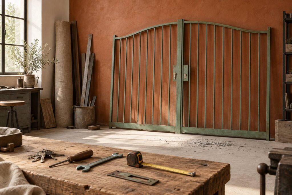 Portail métallique à barreaux avec serrure encastrée et outils de serrurerie