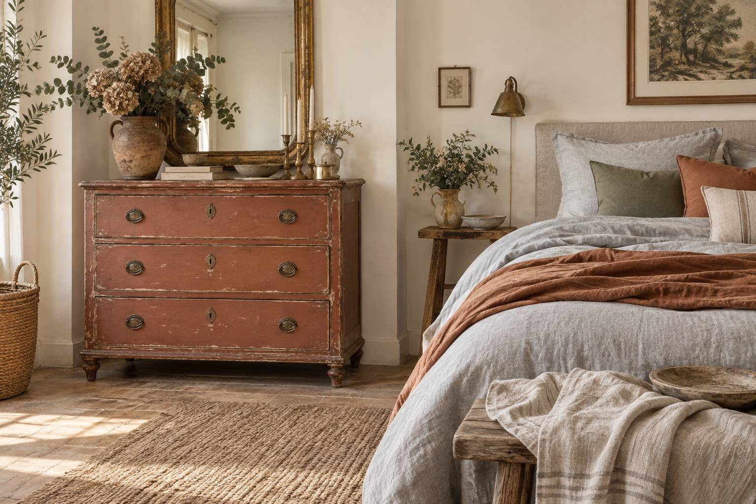 Chambre shabby chic avec commode peinte patinee et linge en coton lave