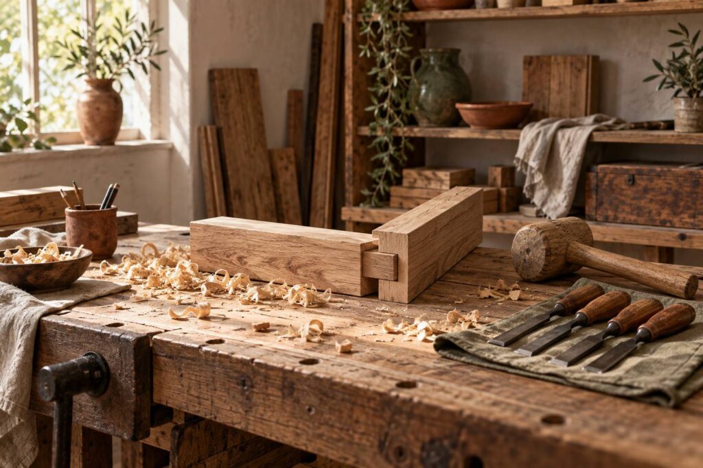 Assemblage a tenon et mortaise sur un etabli de menuisier