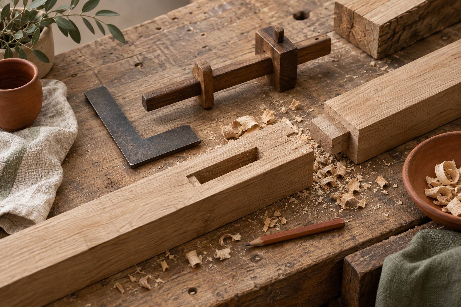 Trace d'assemblage bois avec equerre et ciseaux a bois