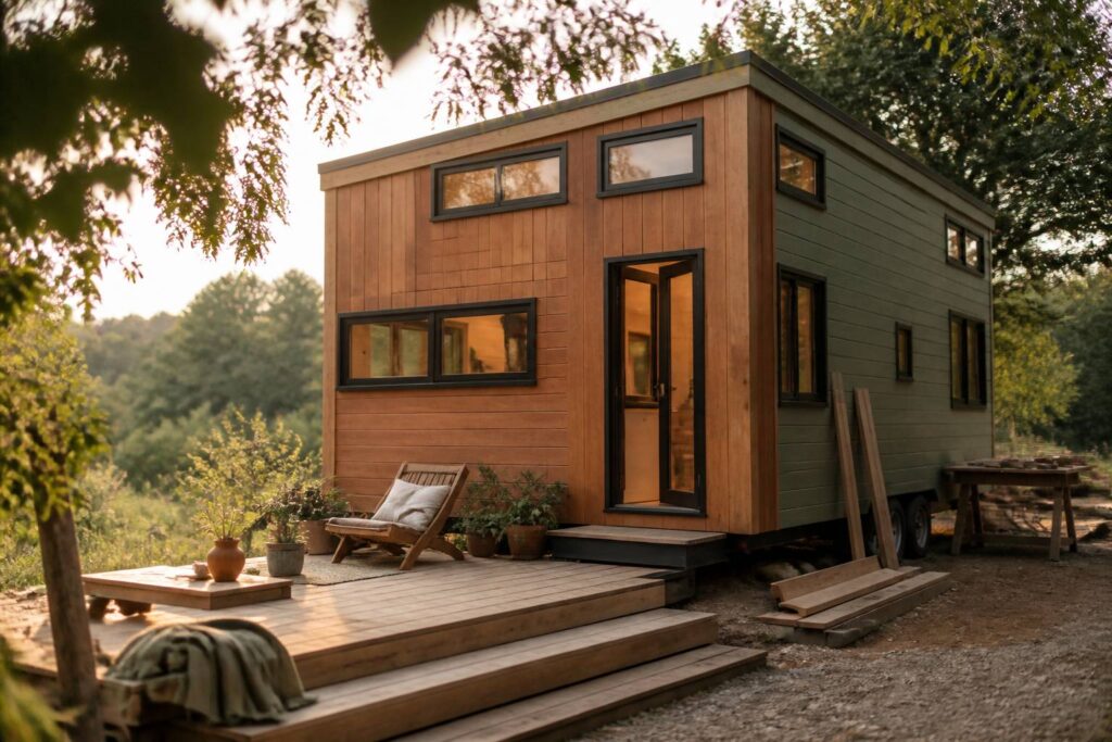 Tiny house en bois sur remorque dans un cadre naturel avec terrasse et fenêtres en bandeau