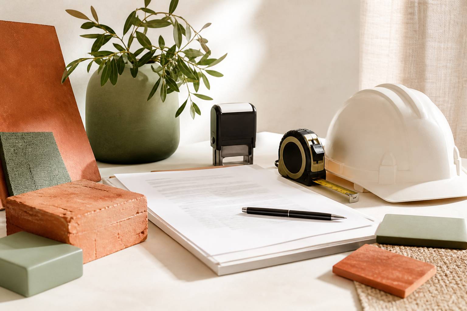 Bureau de chantier avec devis flou, tampon et casque pour vérifier les garanties