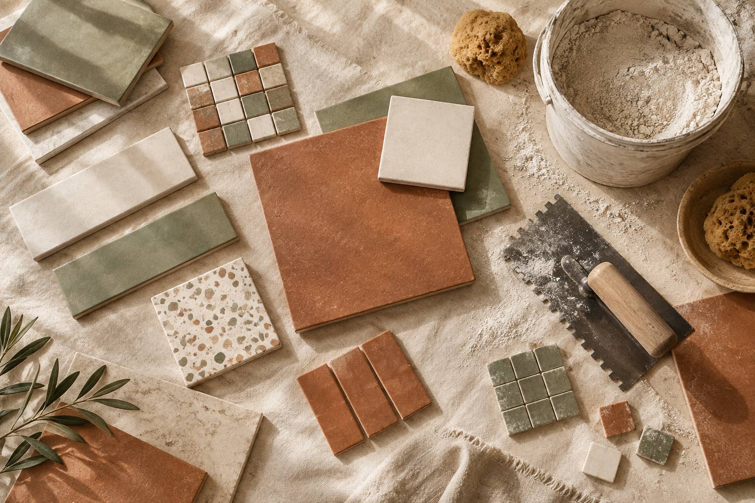 Echantillons de carreaux, joint et spatule creantee dans un atelier