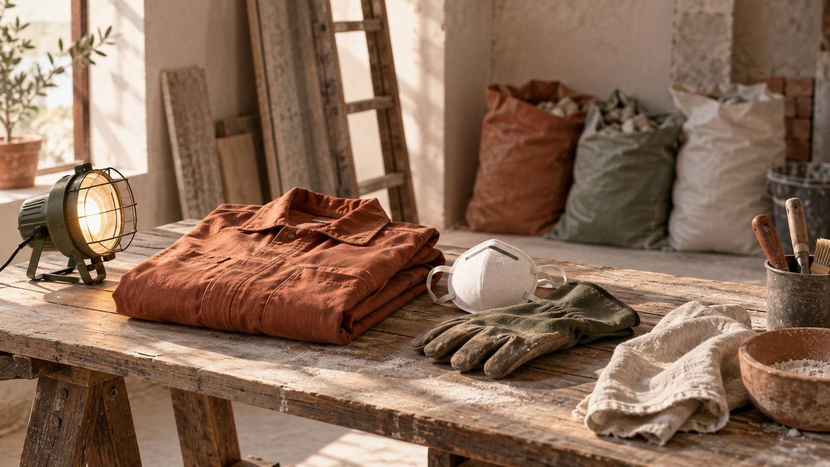 Équipements de protection de chantier posés sur un établi