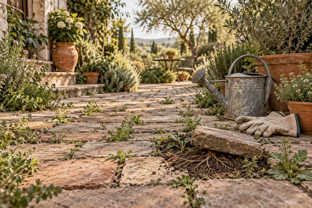 Herbes indesirables entre les paves d'une allee de jardin avec arrosoir