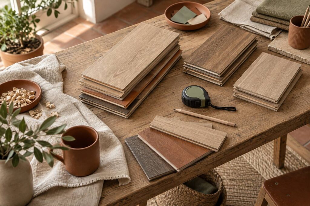 Echantillons de parquet stratifie d'epaisseurs differentes empiles sur un etabli