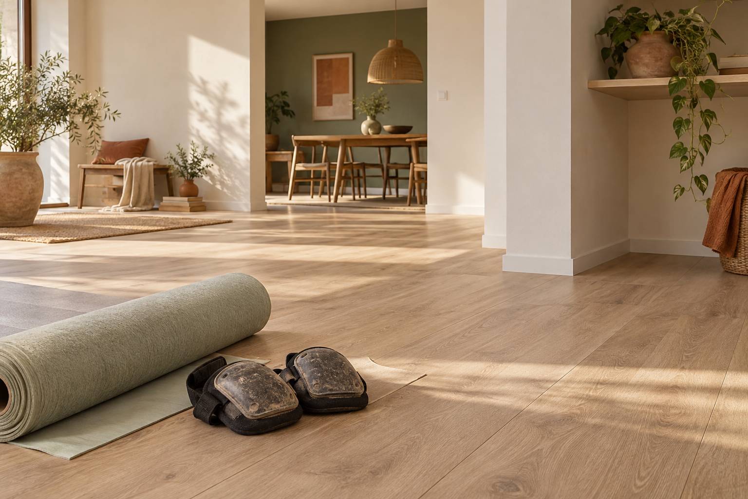 Parquet stratifie fraichement pose avec plinthes dans un interieur clair